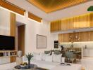 Modern open plan living room and kitchen with elegant wooden finishes and contemporary furniture