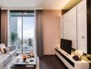 Modern apartment living area with an open view to the bedroom, featuring elegant decor and ample natural light