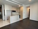 Modern open plan kitchen and spacious living room in a new apartment