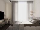 Modern minimalist bedroom with neutral tones and ample natural light