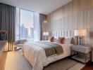 Modern bedroom with panoramic city view through large windows, stylish furnishings, and a warm color scheme