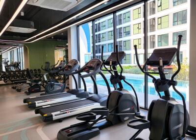 Modern gym with treadmills and elliptical machines in a residential building