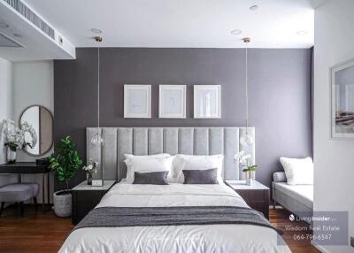 Elegant modern bedroom interior with tasteful decor and grey theme