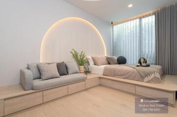 Modern bedroom with minimalist design and integrated seating
