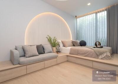 Modern bedroom with minimalist design and integrated seating