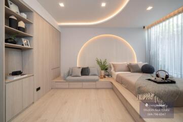 Modern bedroom with ambient lighting and stylish interior