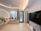 Modern bedroom with integrated living space featuring minimalist design