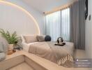 Modern bedroom with stylish decor and ambient lighting