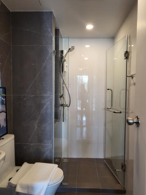 Modern bathroom with glass shower and elegant fixtures