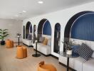 Modern lounge area with arched mirrors and stylish seating