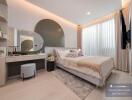 Modern bedroom interior with neutral tones and stylish furnishings