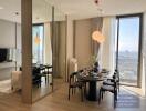 Modern dining room with cityscape view