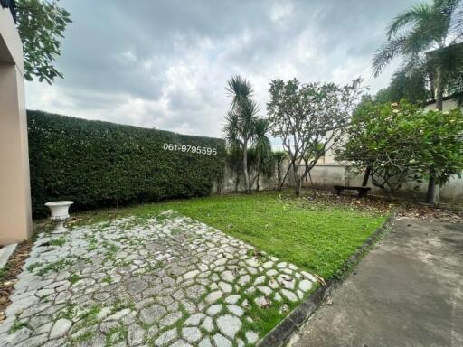 Spacious garden area with lush greenery and stone pathway