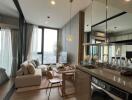 Modern open-plan living and kitchen area with city view