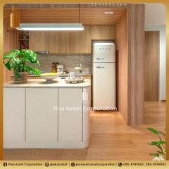 Modern kitchen with wooden accents and built-in appliances