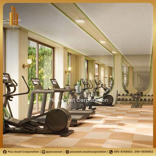 Spacious modern gym with multiple cardio machines and large windows