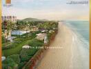 Luxurious beachfront resort with lush gardens and a serene beach view