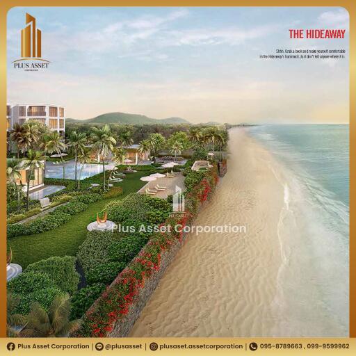Luxurious beachfront resort with lush gardens and a serene beach view