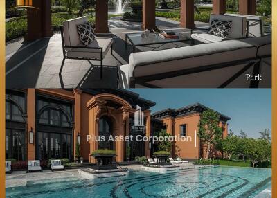 Luxurious outdoor seating area with pool and park view