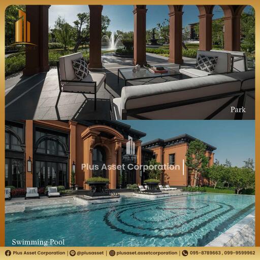 Luxurious outdoor seating area with pool and park view