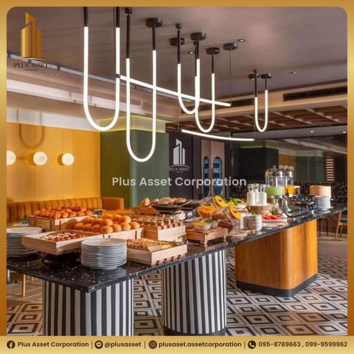 Luxurious restaurant interior with an extensive buffet setup