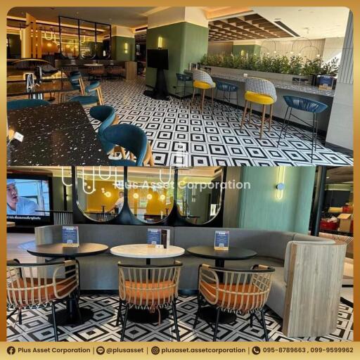 Elegant hotel lobby with modern furniture and decorative patterns