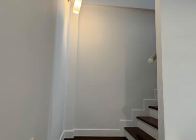 Brightly lit staircase with white walls and wooden steps