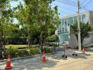 Modern building exterior with landscaped garden