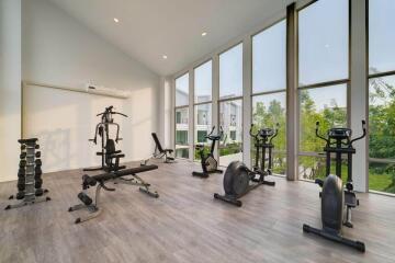 Spacious home gym with modern equipment and large windows