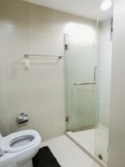 Modern bathroom interior with glass shower and white ceramic toilet