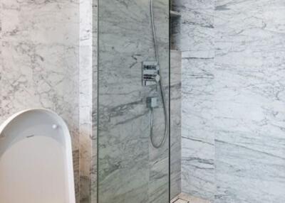 Modern bathroom with marble walls and glass shower