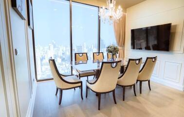 Elegant dining room with city view and modern decor