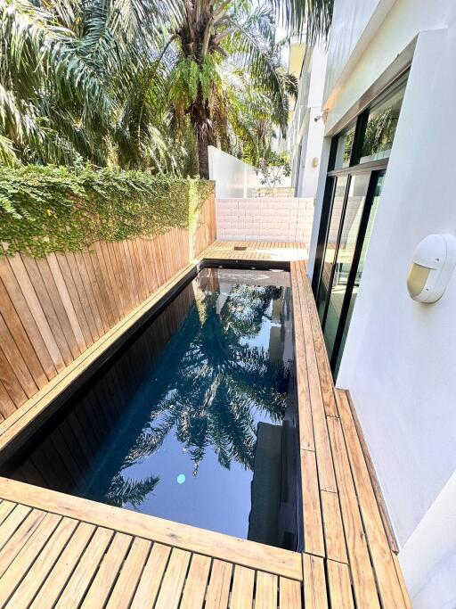 Narrow outdoor pool with wooden decking surrounded by trees