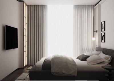 Modern bedroom with cozy design featuring a large window and minimalistic decor