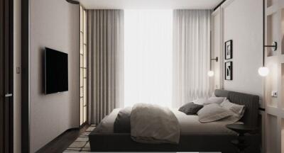 Modern bedroom with cozy design featuring a large window and minimalistic decor