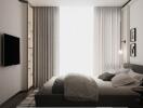 Modern bedroom with cozy design featuring a large window and minimalistic decor