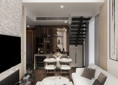 Modern living room interior with connected dining area in a luxury apartment