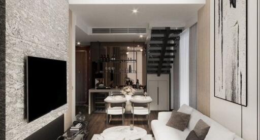 Modern living room interior with connected dining area in a luxury apartment