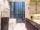 Elegant modern bathroom with marble walls and dark wood accents