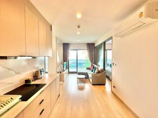 Modern living space with integrated kitchen and comfortable lounge area
