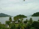 Scenic lakeside view with lush greenery and scattered buildings