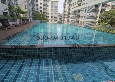 Attractive apartment complex swimming pool surrounded by residential buildings