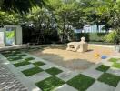 Spacious garden area with playful design and greenery