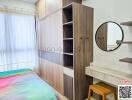 modern bedroom with wooden furniture and colorful bedding