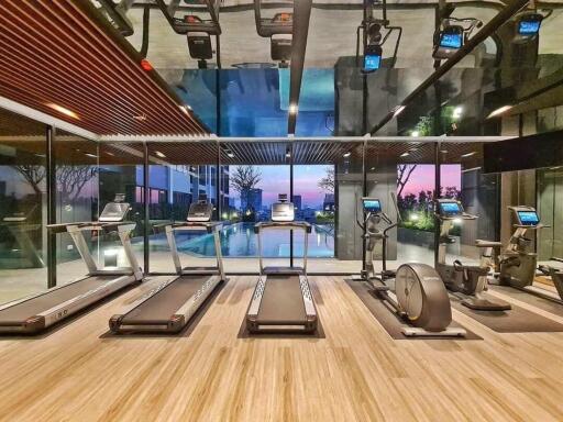 Modern gym with treadmills overlooking a scenic view