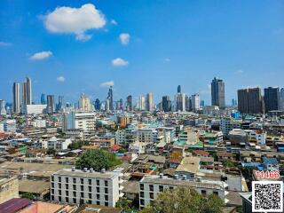 Wide angle view of a bustling city skyline with numerous buildings under clear blue sky