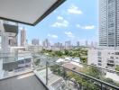 Spacious balcony with cityscape view in a modern apartment