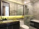 Modern bathroom with marble walls and stylish fixtures