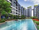Luxurious apartment complex with large outdoor pool surrounded by lush greenery