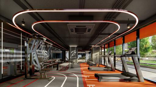 Modern gym interior with exercise equipment and vibrant lighting